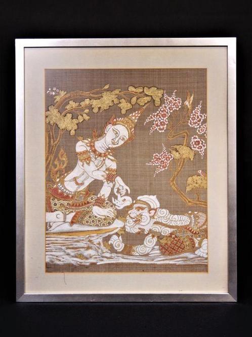 Handgeschilderd linnen , traditioneel Zuidoost-Aziatisch, Huis en Inrichting, Woonaccessoires | Schilderijen, Tekeningen en Foto's