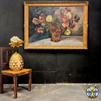 Groot vintage stilleven bloemen olieverf schilderij  162x120, Ophalen of Verzenden