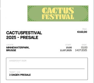 3-dagen ticket Cactusfestival Brugge, Une personne