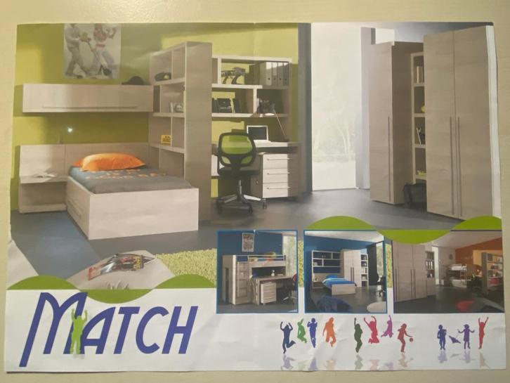 KREA Set bed, bureau en rekken in grenen motief, Huis en Inrichting, Slaapkamer | Complete slaapkamers, Zo goed als nieuw, Eenpersoons