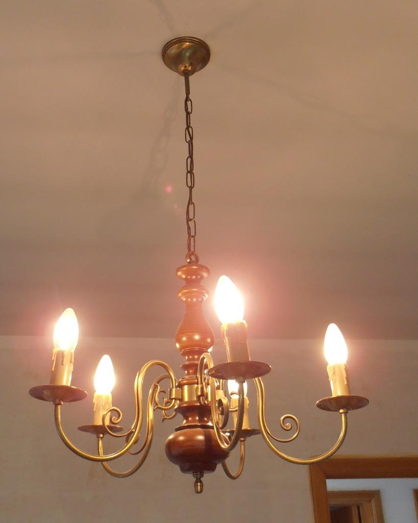 Lustre/Suspension luminaire bois/laiton + bougies - 1970, Maison & Meubles, Lampes | Lustres, Utilisé, Bois, Enlèvement ou Envoi