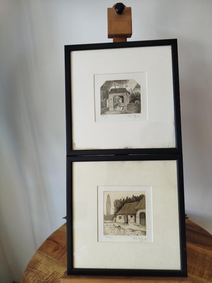 2 mini etsen in kader - oude dorpszichten Pieter Colen 1990, Antiek en Kunst, Kunst | Etsen en Gravures, Ophalen of Verzenden