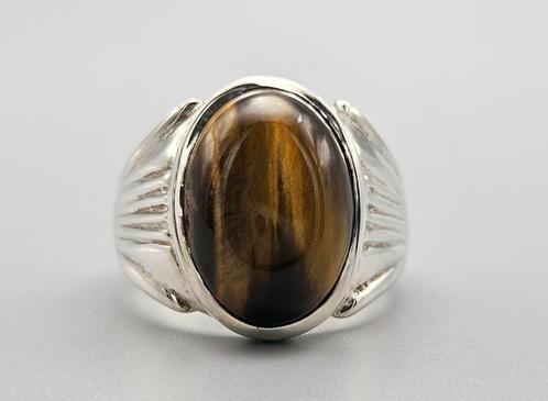 Zilveren herenring met edelsteen tijgeroog. 2024/Z66., Handtassen en Accessoires, Ringen, Nieuw, Dame of Heer, 20 of groter, Bruin
