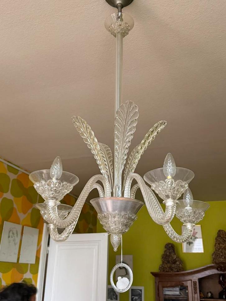 Glazen luster met bladmotief – Murano-stijl, 4 armen, Huis en Inrichting, Lampen | Kroonluchters, Zo goed als nieuw, Ophalen