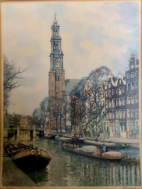 H. Roodenburg, Westerkerk te Amsterdam, kleurenets 1955, Antiek en Kunst, Kunst | Etsen en Gravures, Ophalen of Verzenden