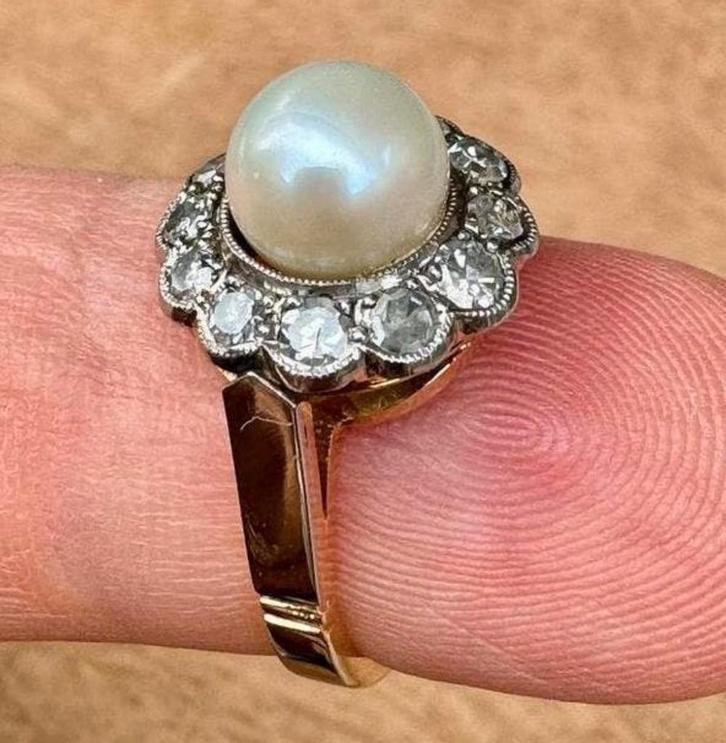 Ring 18 karaat goud met natuurlijke diamant 0.36ct en parel!, Bijoux, Sacs & Beauté, Bagues, Femme, Plus petit que 17, Or, Or