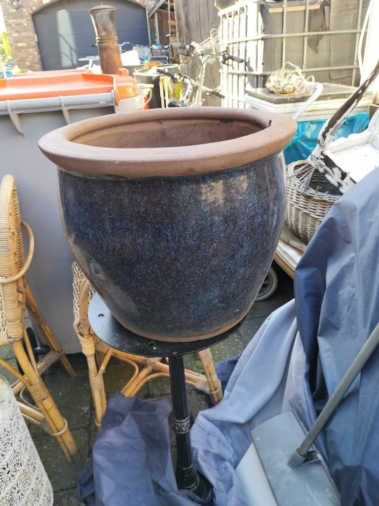 Grote blauwe geglazuurde bloempot plantenbak buitenpot, Tuin en Terras, Ophalen