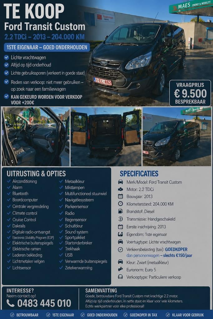 Ford Transit 2.2 Diesel - 1STE  eigenaar, Auto's, Zwart, 4 cilinders, Leder en Stof, Zwart