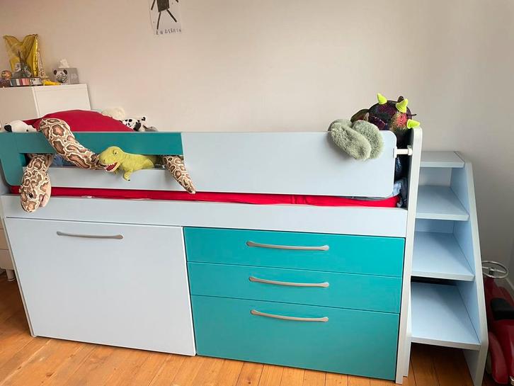 Half hoogslaper met 3 lades en uitschuifbaar bureau, Kinderen en Baby's, Kinderkamer | Stapelbedden en Hoogslapers, Gebruikt, Halfhoogslaper