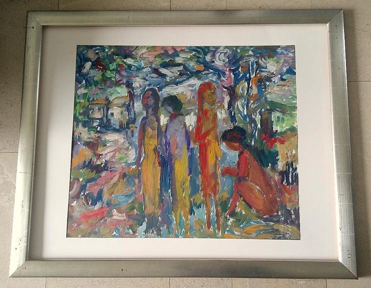 4 vrouwenfiguren in het bos '87 - Jelle Hoogstra 1924-2003, Antiek en Kunst, Kunst | Schilderijen | Klassiek, Ophalen