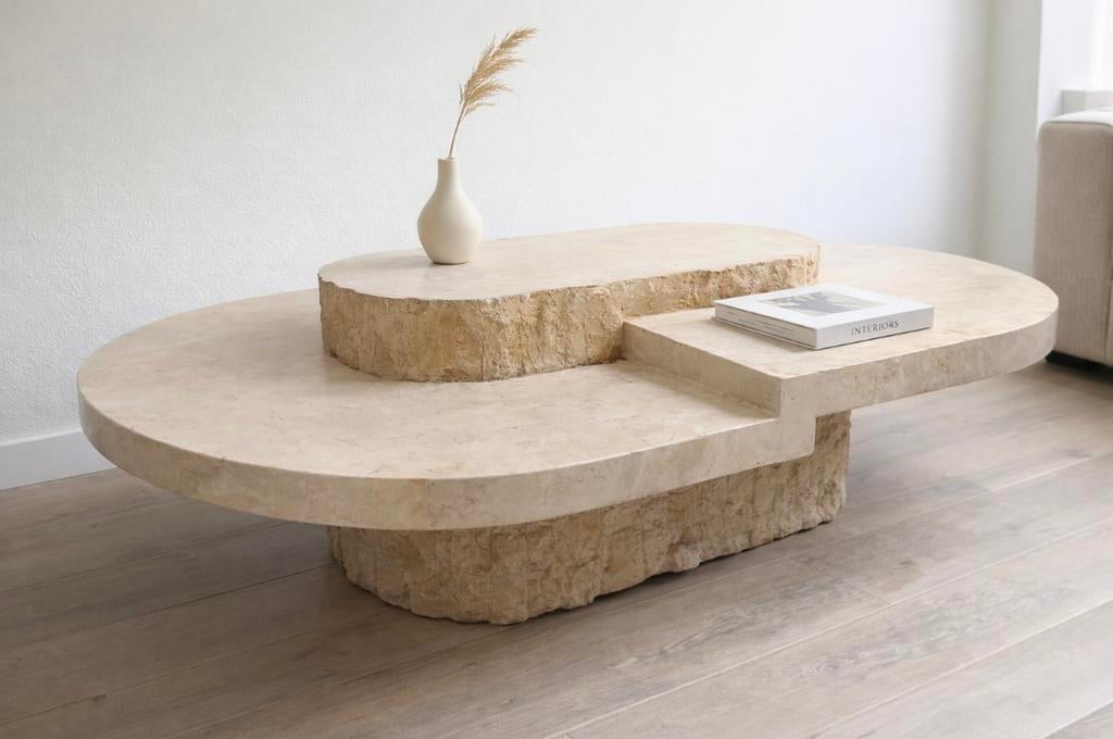 Unieke design salontafel – travertin look – echte eyecatcher, Ophalen, Zo goed als nieuw