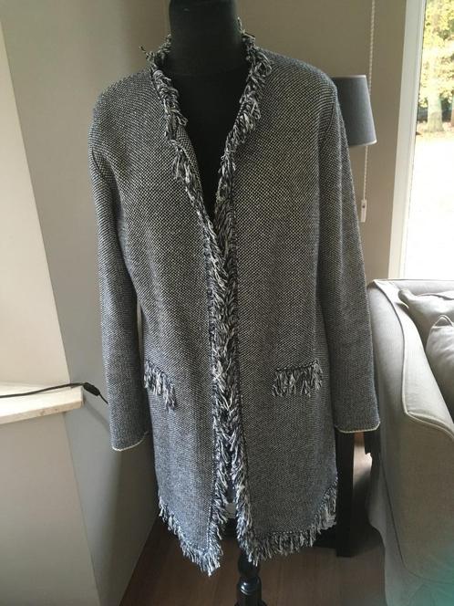 Scapa donkerblauw/wit/gouddraad halflange cardigan - M, Kleding | Dames, Truien en Vesten, Zo goed als nieuw, Maat 38/40 (M), Blauw