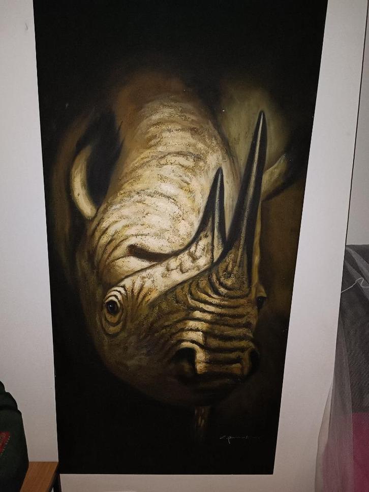 Olieverf schilderij witte neushoorn Afrika, Antiek en Kunst, Kunst | Schilderijen | Klassiek, Ophalen of Verzenden