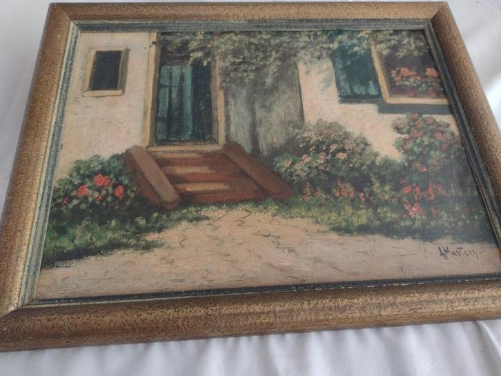 Gesigneerd A Martens Huis aanzicht met trap, Antiek en Kunst, Kunst | Schilderijen | Klassiek, Ophalen of Verzenden