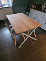 Mooie tafel 139,5cm (teakhouten blad) +4 stoelen. Als nieuw, Enlèvement, Comme neuf