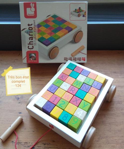 Janod Chariot 35 cubes alphabet, Kinderen en Baby's, Speelgoed | Houten speelgoed, Gebruikt, Ophalen of Verzenden