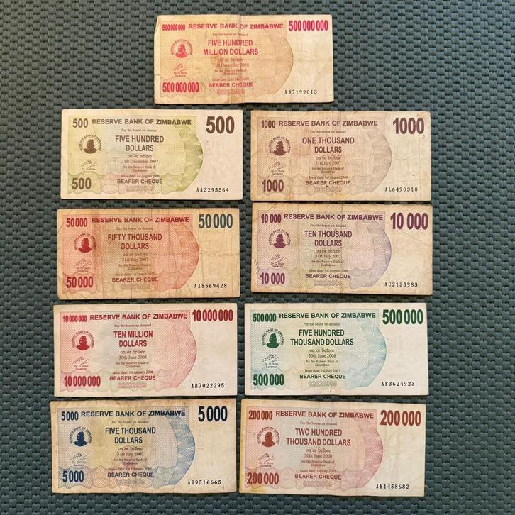 9 verschillende Biljetten Zimbabwe - F tot XF+ - Mix, Postzegels en Munten, Bankbiljetten | Afrika, Los biljet, Zimbabwe, Verzenden