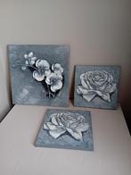 Set van 3 Canvas bloemen lichtgrijs/grijs, Huis en Inrichting, Zo goed als nieuw, Ophalen