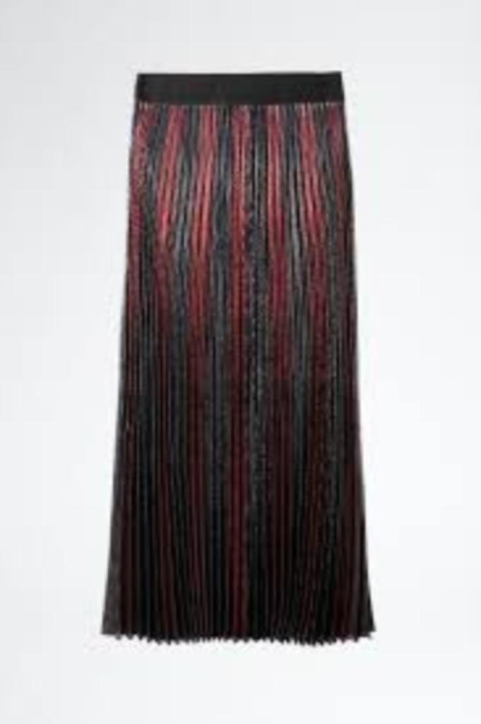 Ongedr lange plooirok van Zadig & Voltaire, zwart/rood/lurex, Kleding | Dames, Rokken, Nieuw, Maat 34 (XS) of kleiner, Rood, Onder de knie