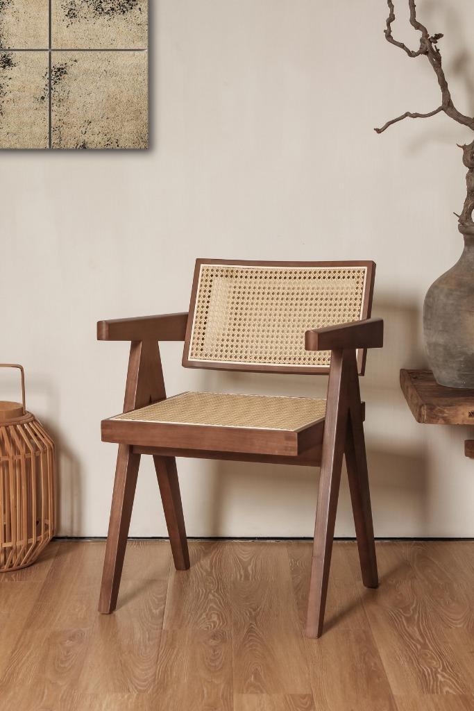 OUTLET - luxe design stoel hout rotan - jeanneret stijl, Huis en Inrichting, Stoelen, Nieuw, Eén, Hout, Bruin, Ophalen of Verzenden