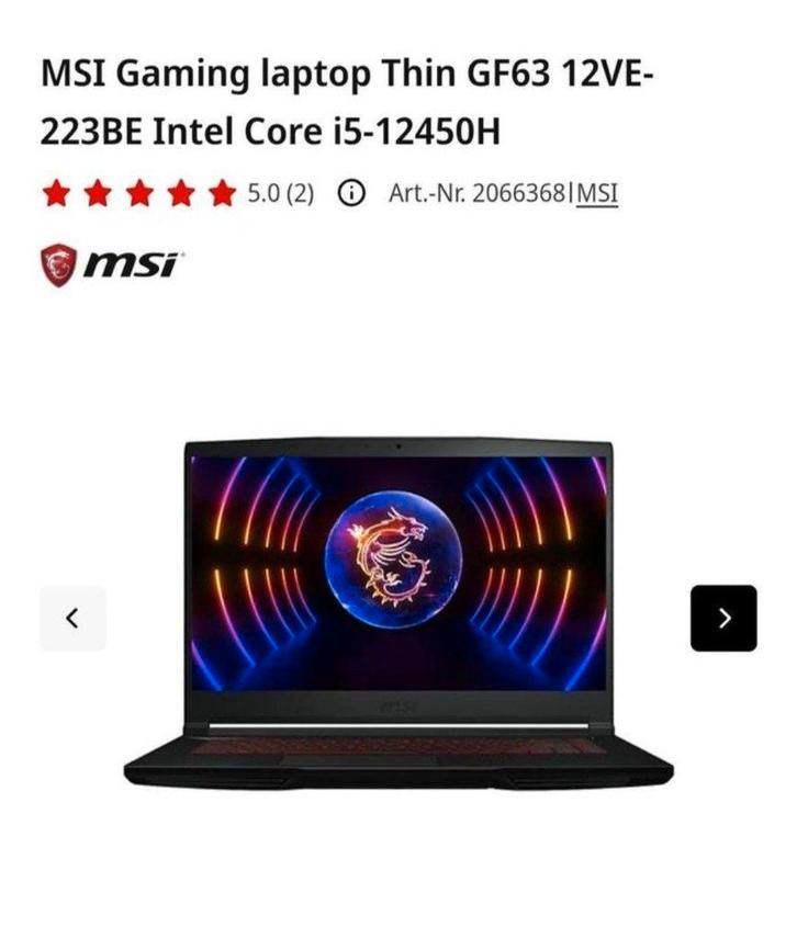 MSI Thin GF63, Informatique & Logiciels, Ordinateurs portables Windows, Comme neuf, 16 pouces, SSD, Inconnu, 16 GB, Azerty, Gaming