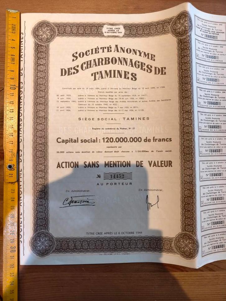 Charbonnages de Tamines, Postzegels en Munten, Aandelen en Waardepapieren