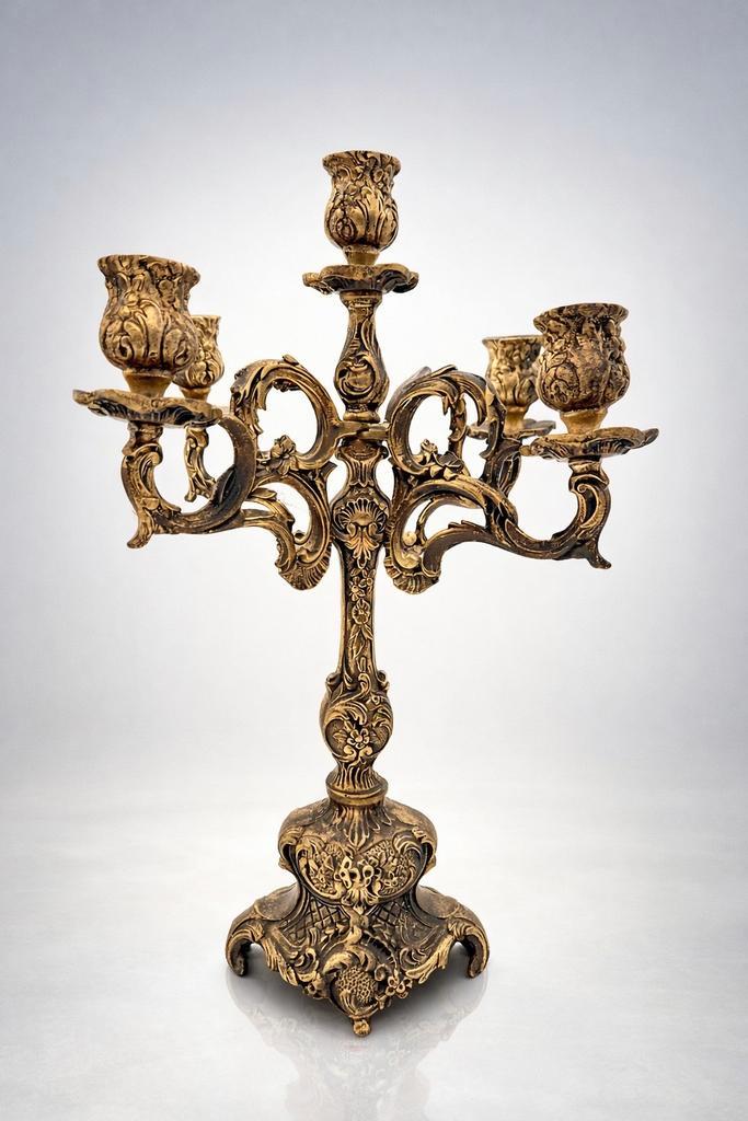 Candélabre baroque 5 feux en laiton patiné – 37 cm, Antiquités & Art, Antiquités | Bronze & Cuivre, Enlèvement ou Envoi