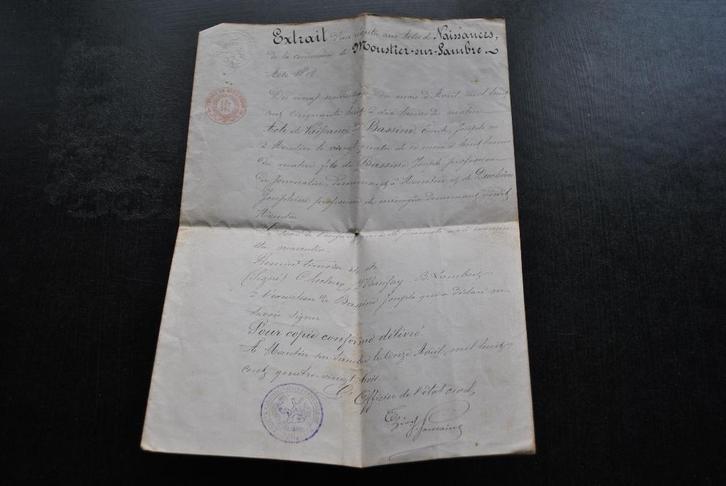 ACTE DE NAISSANCE MOUSTIER SUR SAMBRE 1848 BASSINE EMILE, Collections, Images pieuses & Faire-part, Enlèvement ou Envoi