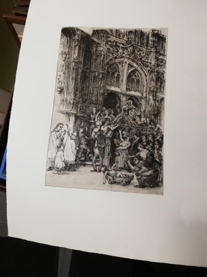 G. Langie: 'De Bruiloft': ongen. ets + bewijs van oorsprong, Antiek en Kunst, Kunst | Etsen en Gravures, Ophalen of Verzenden