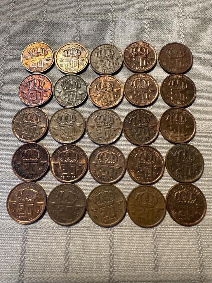 25x 20 Centimes belge 1963 (251), Postzegels en Munten, Munten | België, Setje, Brons, Ophalen of Verzenden