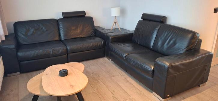 Zwart lederen salon/zitcombinatie Italsofa te koop, Huis en Inrichting, Zetels | Zetels, Zo goed als nieuw, Rechte bank, Overige maten