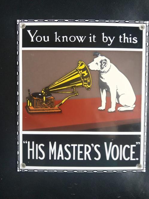 Zeer Mooi EMAILLEBORD (N°4 ) " HIS MASTER VOICE " Nu Bieden, Verzamelen, Merken en Reclamevoorwerpen, Zo goed als nieuw, Reclamebord