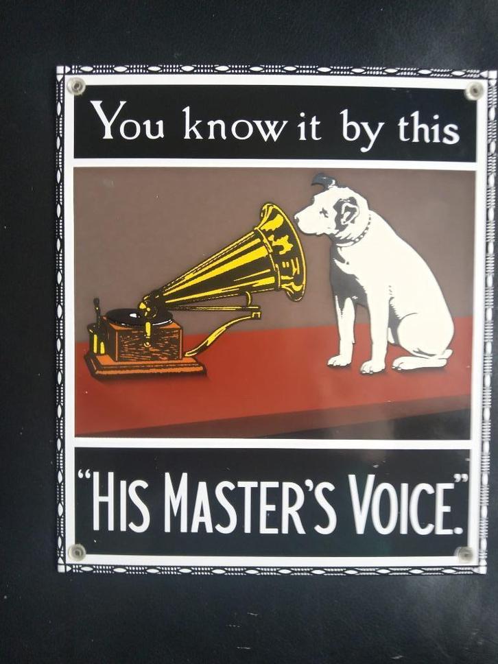 Zeer Mooi EMAILLEBORD (N°4 ) " HIS MASTER VOICE " Nu Bieden, Verzamelen, Merken en Reclamevoorwerpen, Zo goed als nieuw, Reclamebord