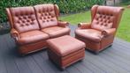 lederen zetel salon 2+1 cognac rost bruin Chesterfield stijl, Huis en Inrichting, Ophalen, Gebruikt, Leer, Chesterfield stijl