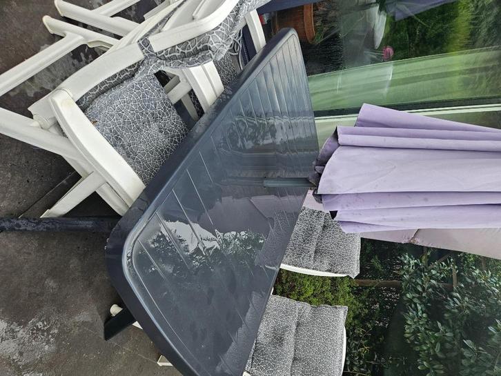 Tuintafel + 4 stoelen, Tuin en Terras, Tuinstoelen, Gebruikt, Inklapbaar, Ophalen