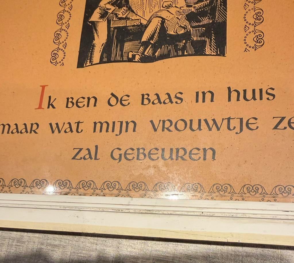 Oude kader met spreuk. 1,00 euro.in brasserie?toneelstuk?, Ophalen, Gebruikt