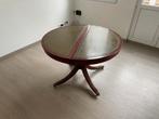 Houten tafel met groenleder en stoelen., Huis en Inrichting, Ophalen, Gebruikt