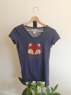 T-Shirt marine fendu impression renard, Manches courtes, Taille 36 (S), Bleu, Porté