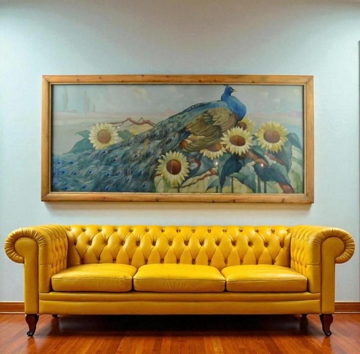 XL Ingelijste Aquarelle met Pauw (215 cm L !!), Antiek en Kunst, Kunst | Schilderijen | Klassiek, Ophalen