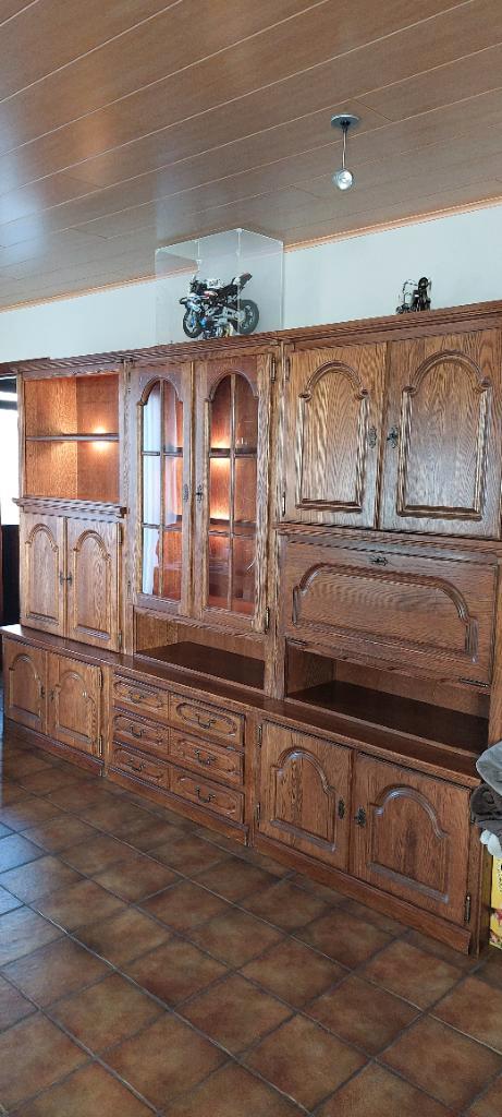 Eikenhouten dressoir met vitrinekast+bar+tv-meubel+6 stoelen, Huis en Inrichting, Kasten | Buffetkasten, Gebruikt, 150 tot 200 cm