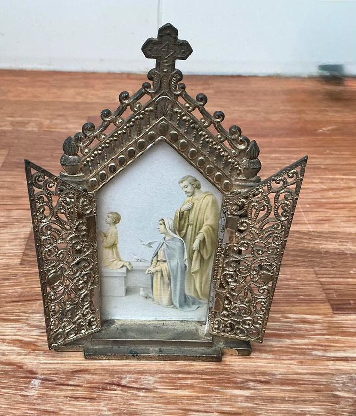 Antiek Neogotisch Miniatuur Drieluik / Huisaltaar (ca. 1900), Antiek en Kunst, Antiek | Religieuze voorwerpen, Ophalen of Verzenden