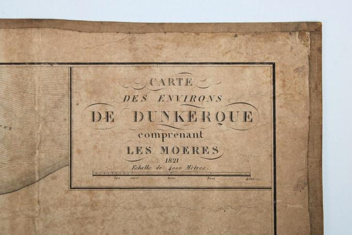 oude kaart van de omgeving van Duinkerke tot Veurne, 1821., Antiek en Kunst, Curiosa en Brocante, Ophalen of Verzenden