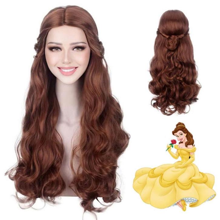 Disney - Belle pruik lang bruin haar met krullen en knotje, Handtassen en Accessoires, Uiterlijk | Haarverzorging, Nieuw, Verzenden