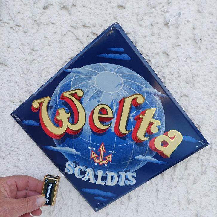 WELTA SCALDIS SOBI BRUX 2150 BIERKARTON METALEN PLAAT, Verzamelen, Merken en Reclamevoorwerpen, Gebruikt, Reclamebord, Ophalen of Verzenden