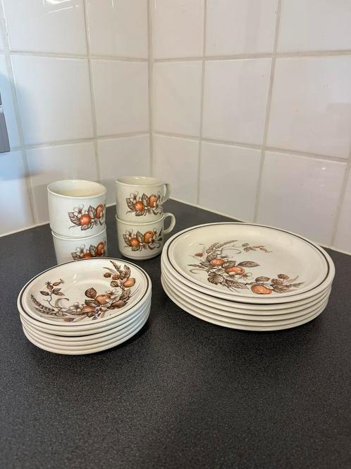 Antiek Servies Set - 4 Kopjes & 12 Bordjes in Bruine Tinten, Antiek en Kunst, Antiek | Servies compleet, Ophalen