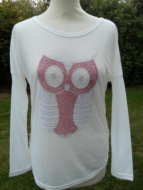 witte longsleeve uil in 3 kleuren strass rood + wit + zilver, Kleding | Dames, T-shirts, Nieuw, Maat 38/40 (M), Wit, Lange mouw