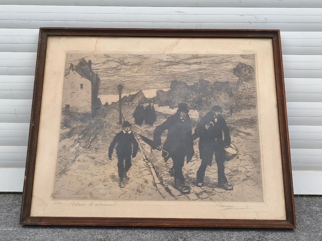 Gravure retour d enterrement signe romeo dumoulin, Antiquités & Art, Enlèvement ou Envoi