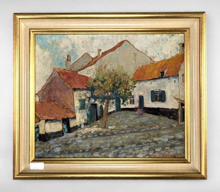 Charmant Dorpszicht - Olieverf op paneel, gesigneerd, Antiek en Kunst, Kunst | Schilderijen | Klassiek, Ophalen of Verzenden