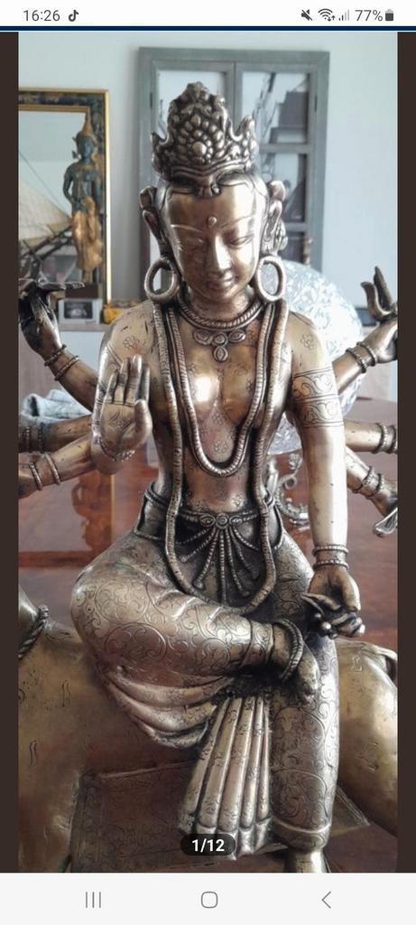 Prachtige oude verguld bronzen zeldzame godin op tijger, Antiek en Kunst, Antiek | Brons en Koper, Brons, Ophalen of Verzenden