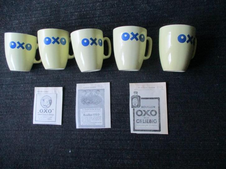 Lot5stuks  originele gele oude OXO tassen  plus reklame 1923, Huis en Inrichting, Keuken | Servies, Zo goed als nieuw, Kop(pen) en/of Schotel(s)